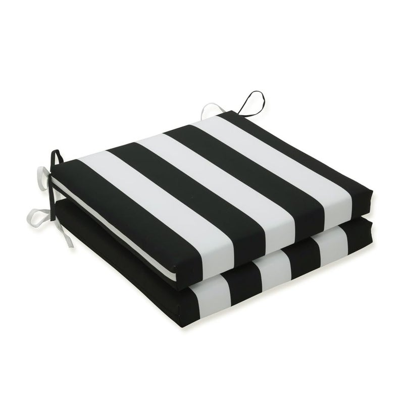 Pillow Perfect Stripe Indoor/Outdoor Square Corner Chair Seat Cushion with Ties, Plush Fiber Fill, Weather, and Fade Resistant, 20" x 20", Black/White Cabana Stripe, 2 Count - Image 1